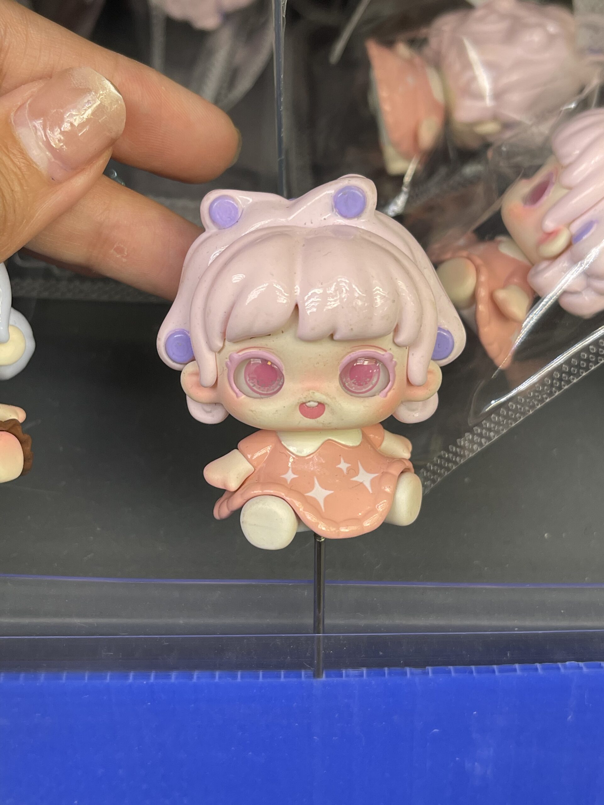 Pink Hair Chibi Girl in Orange Star Dress Resin Figurine, Kawaii Plant Decor Pin