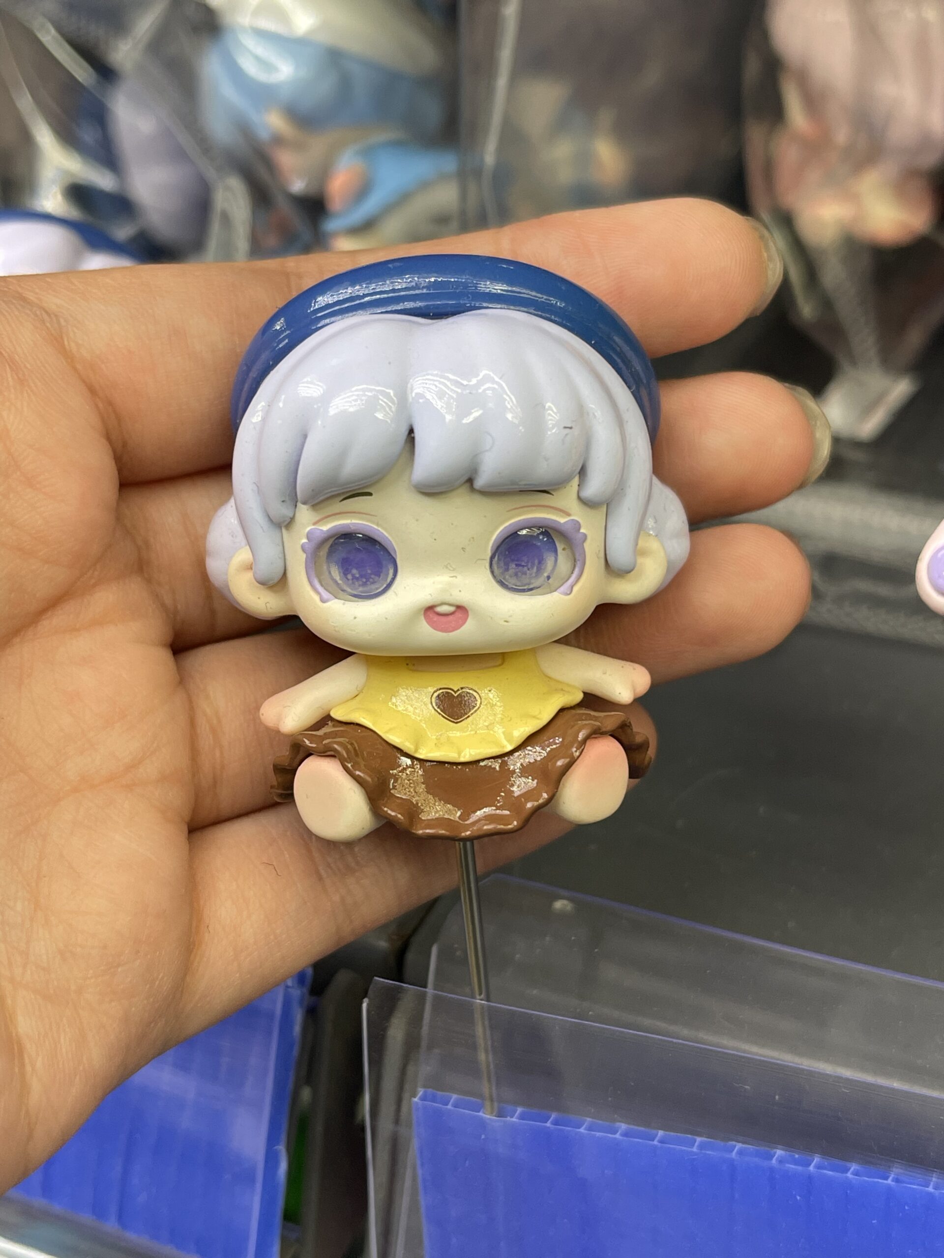 Blue Hair Chibi Girl in Yellow Brown Heart Dress Resin Figurine, Kawaii Plant Decor Pin