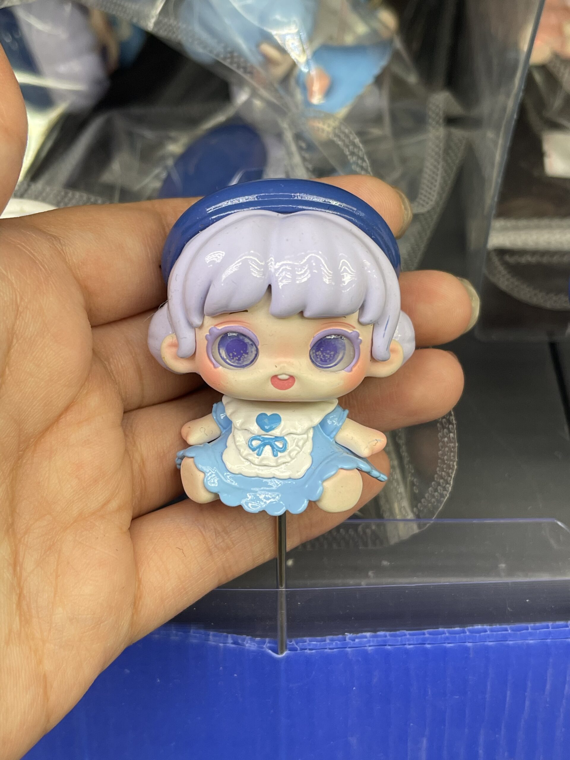 Blue Hair Chibi Girl in Blue Maid Dress Resin Figurine, Kawaii Plant Decor Pin