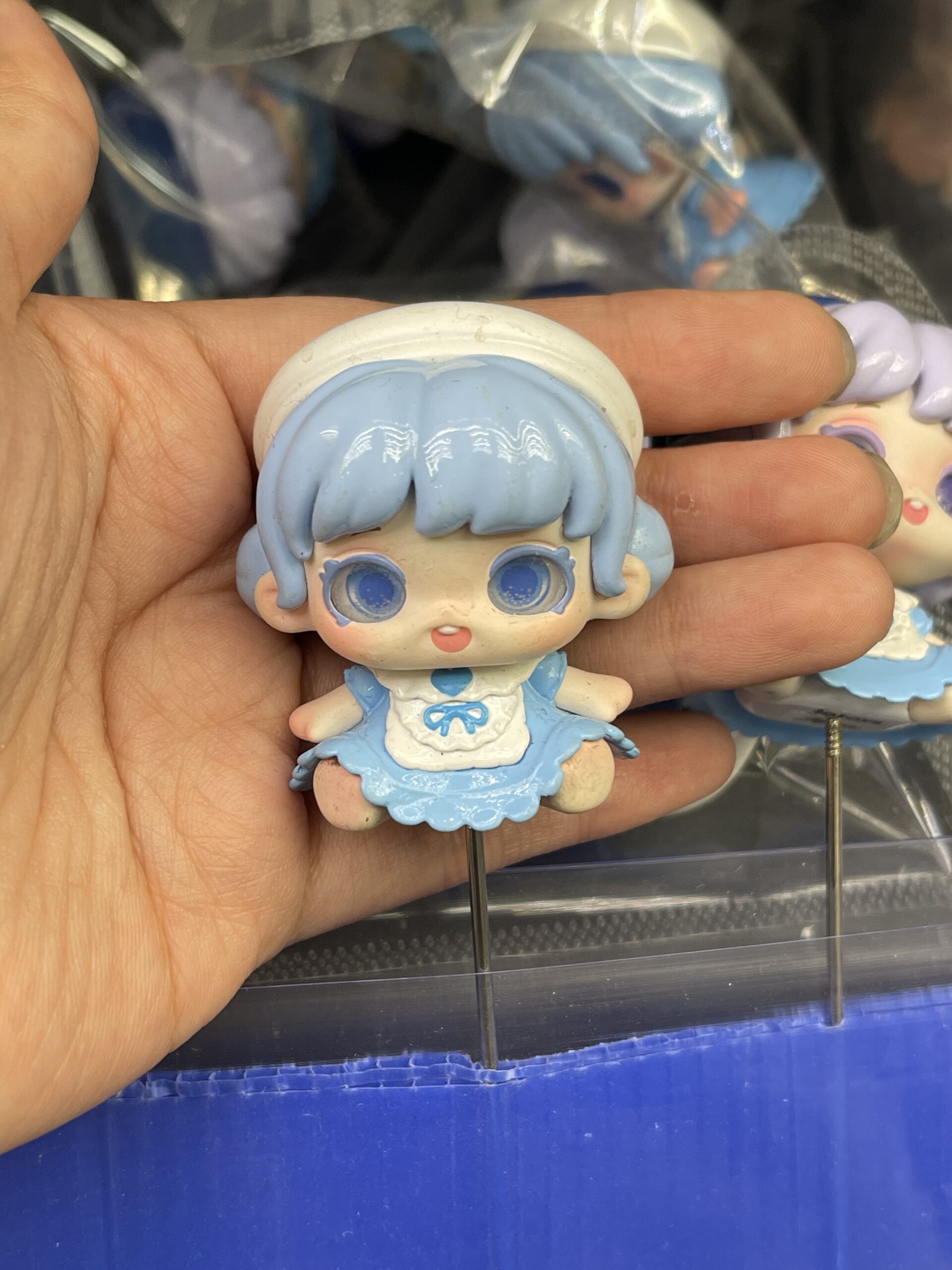 Blue Hair Chibi Girl in Blue Sailor Dress Resin Figurine, Kawaii Plant Decor Pin