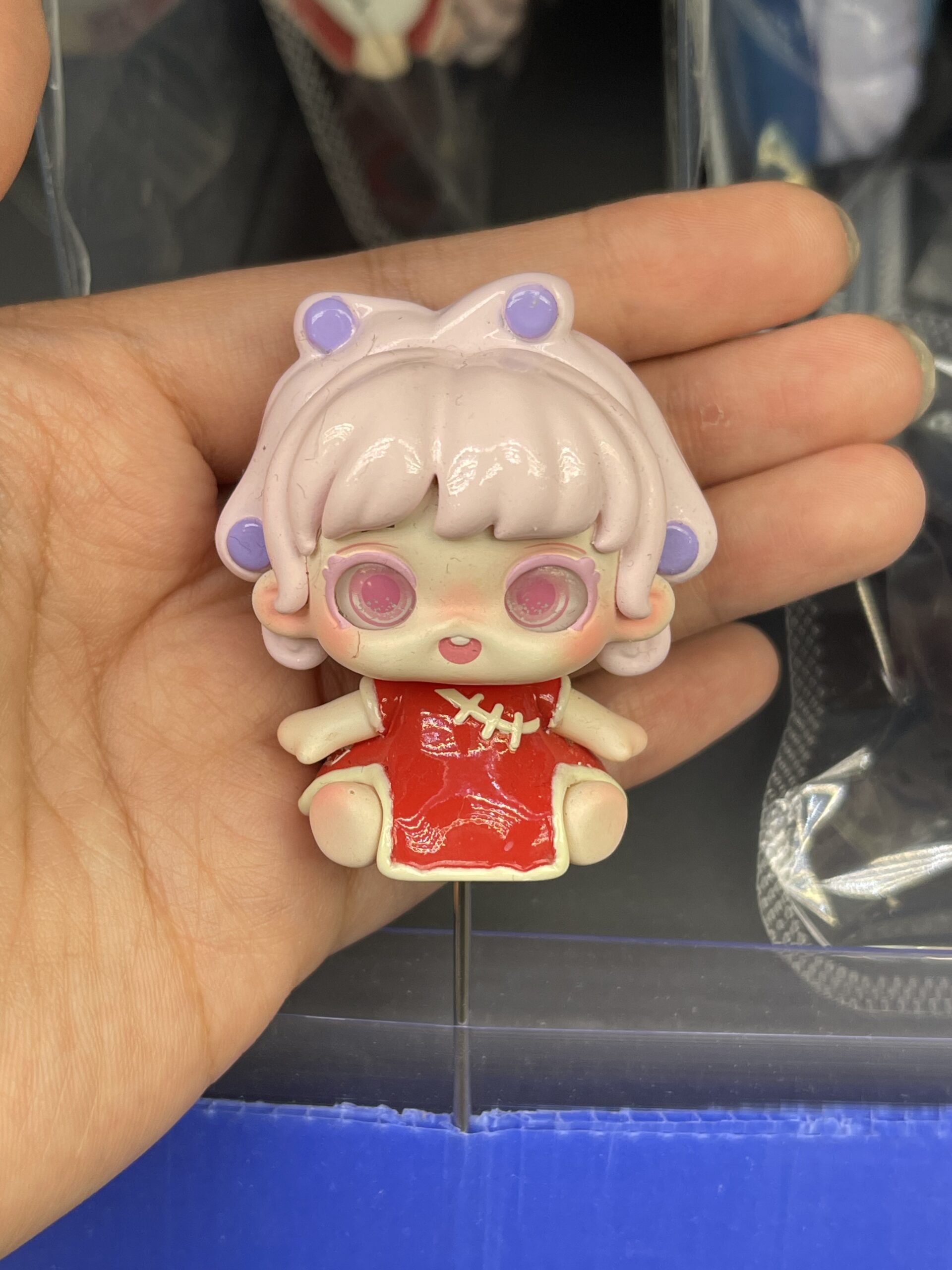Pink Hair Chibi Girl in Red Qipao Resin Figurine, Kawaii Plant Decor Pin